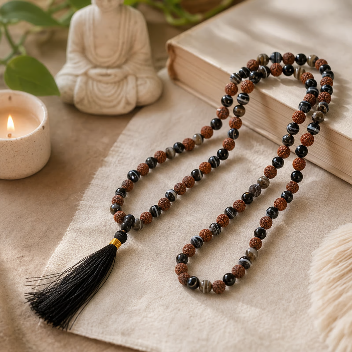 Pyrite & Rudraksha Mala: Natural Gemstone Beads Necklace for Meditation, Protection & Positive Energy