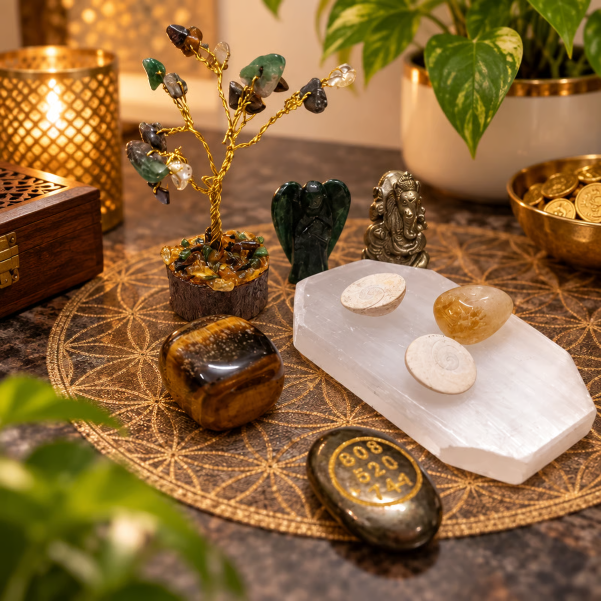 Premium Crystal Money & Abundance Kit: Feng Shui Wealth Grid with Selenite Plate, Pyrite Ganpati, Citrine, Tiger Eye & Money Tree