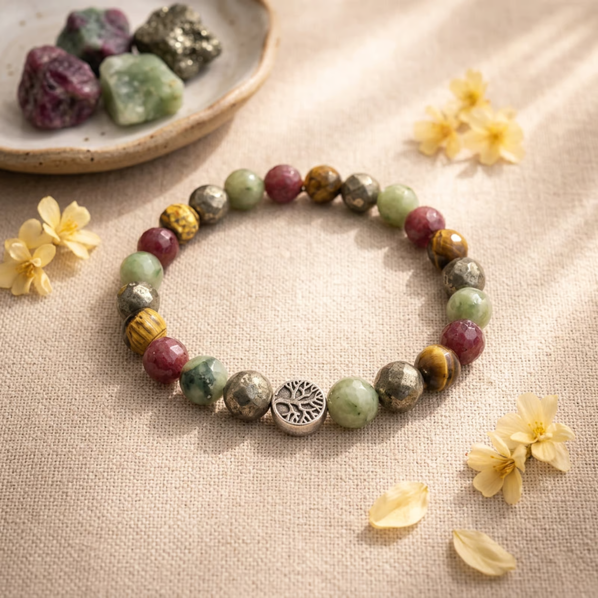 Raj Yog Bracelet: Natural Gemstone Bracelet with Ruby, Jade, Tiger Eye & Pyrite Beads for Success and Prosperity