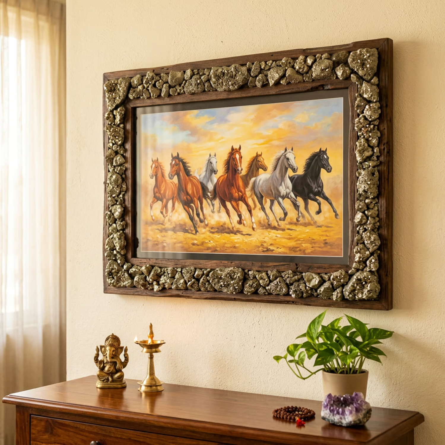 SevenHeaven 7 Horses Raw Pyrite Frame: Vastu Essential for Prosperity