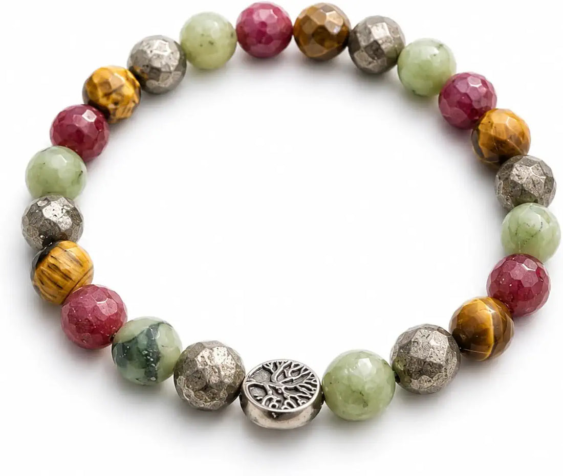 Raj Yog Bracelet | Natural Gemstone Bracelet with Ruby Jade Tiger Eye & Pyrite Beads | Success & Prosperity Bracelet