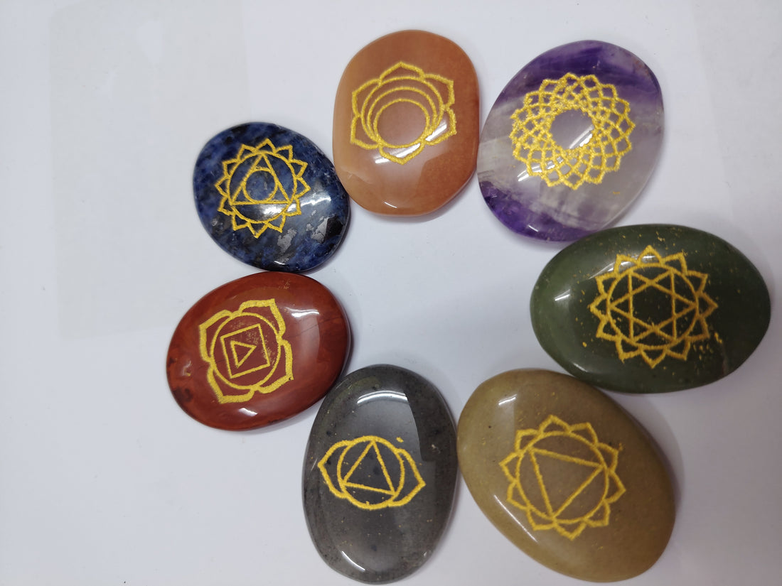 7 Chakra Gemstone Coin Set | Engraved Chakra Healing Stones for Meditation & Spiritual Practice