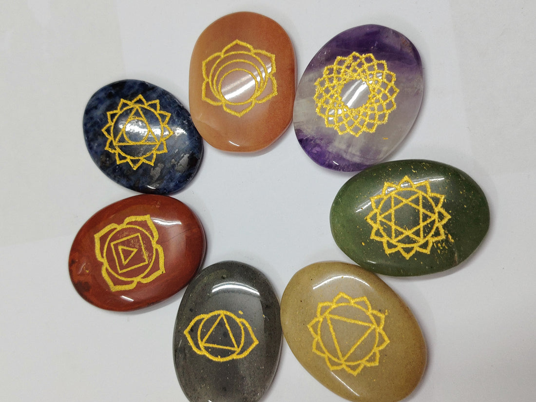 7 Chakra Gemstone Coin Set | Engraved Chakra Healing Stones for Meditation & Spiritual Practice