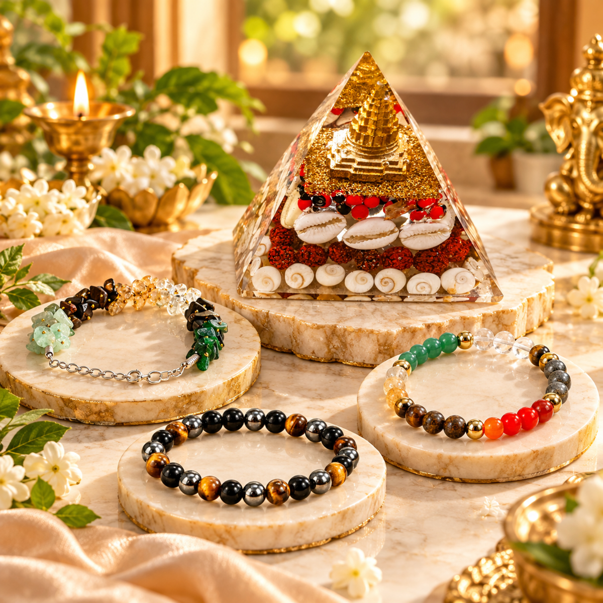 Laxmi Pyramid & Dhanyog Bracelet Combo | Chips Chain & Round Beads Bracelet | FREE Triple Protection Bracelet