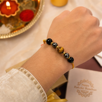 Triple Protection Rakhi | Handmade Raksha Bandhan Rakhi with Hematite Tiger Eye & Obsidian Beads | Symbol of Protection Grounding Confidence & Positivity