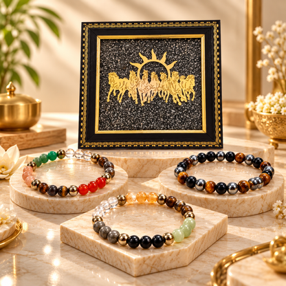7 Horses Frame with Dhanyog & Dhan Vruddhi Bracelet Combo | Prosperity, Success & Positive Energy | FREE Triple Protection Bracelet