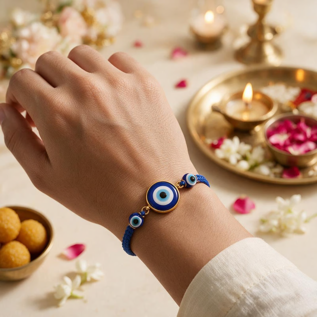 Evil Eye Rakhi | Handmade Raksha Bandhan Rakhi with Blue Evil Eye Charm | Symbol of Protection Good Luck Positivity & Harmony for Brother