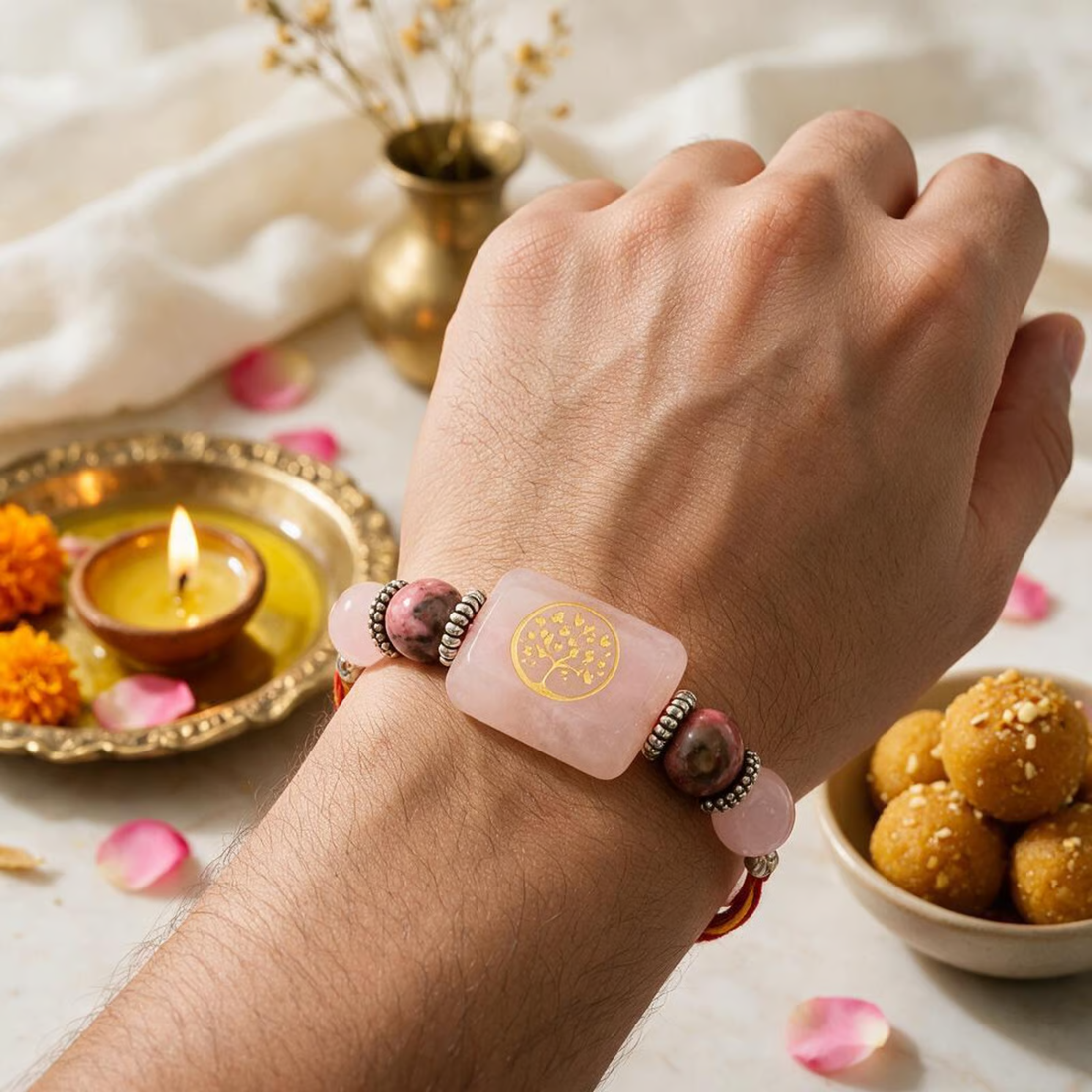 Love & Harmony Rakhi | Handmade Raksha Bandhan Rakhi with Rose Quartz Beads | Symbol of Love Compassion Emotional Balance & Positive Relationships