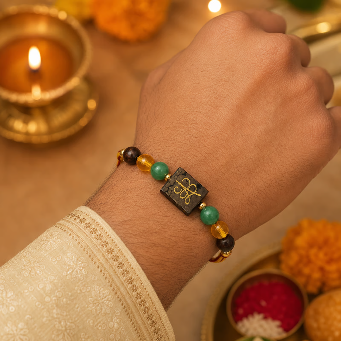 Money Magnet Rakhi | Handmade Raksha Bandhan Rakhi with Citrine Green Aventurine Pyrite & Tiger Eye Beads