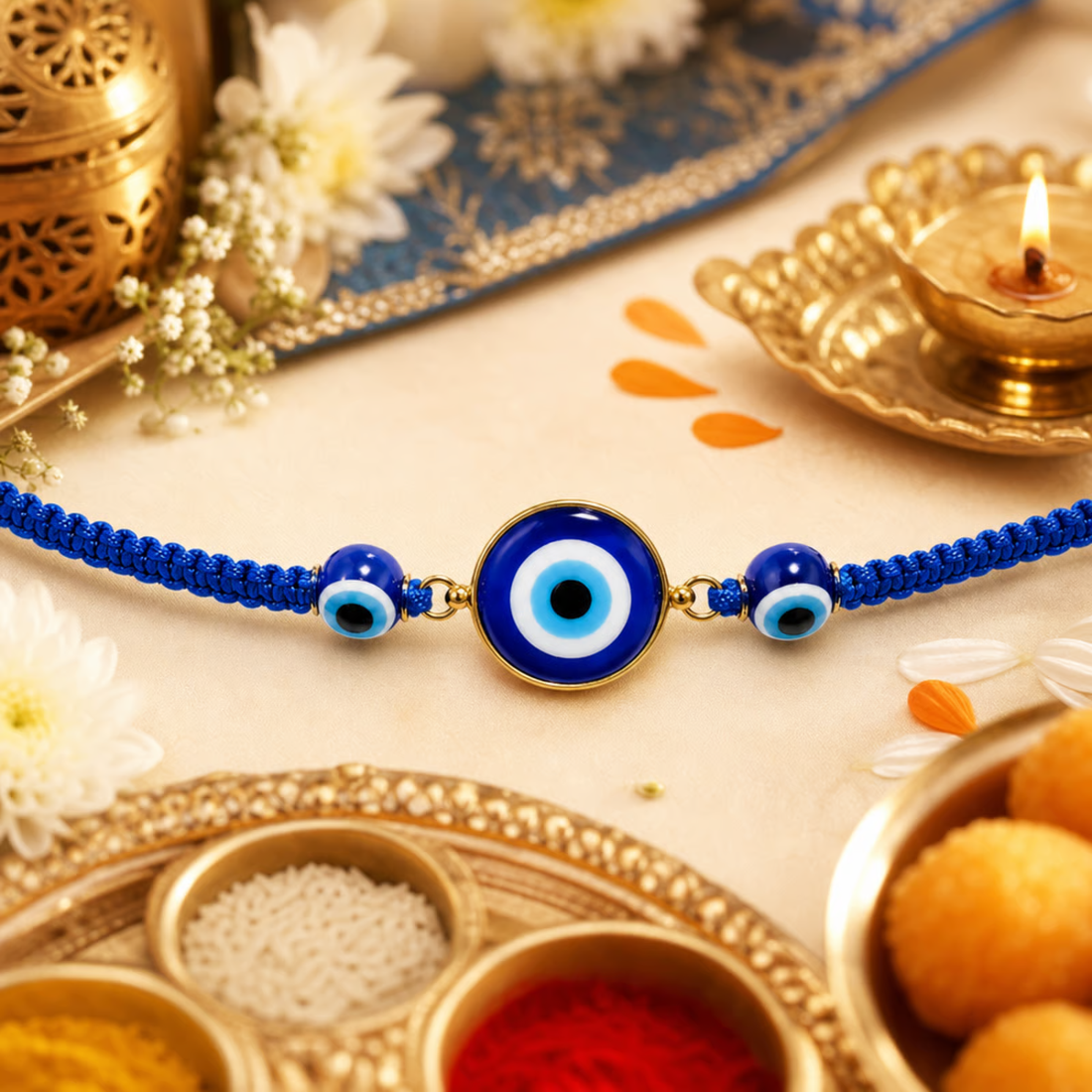 Evil Eye Rakhi | Handmade Raksha Bandhan Rakhi with Blue Evil Eye Charm | Symbol of Protection Good Luck Positivity & Harmony for Brother
