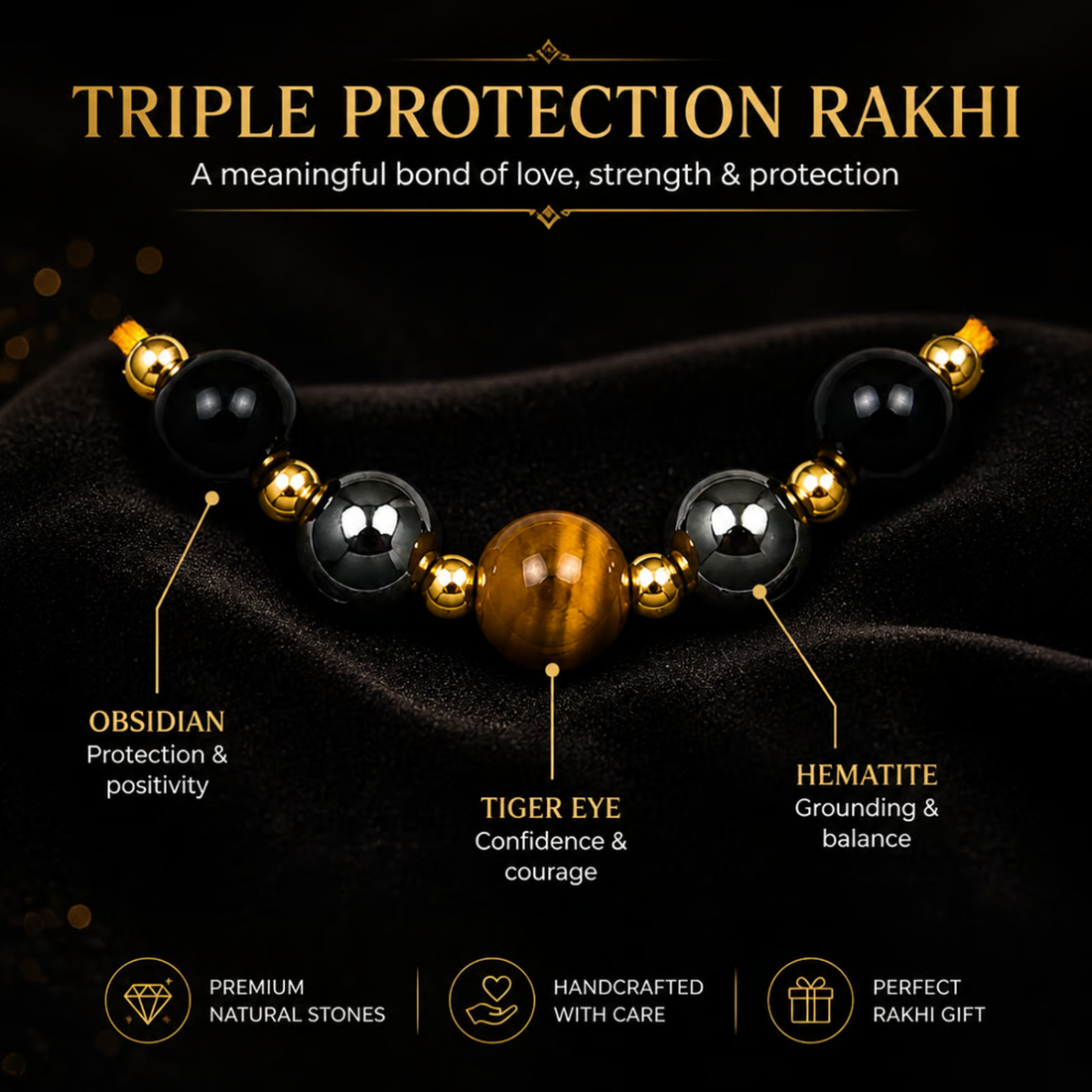 Triple Protection Rakhi | Handmade Raksha Bandhan Rakhi with Hematite Tiger Eye & Obsidian Beads | Symbol of Protection Grounding Confidence & Positivity