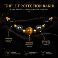 Triple Protection Rakhi | Handmade Raksha Bandhan Rakhi with Hematite Tiger Eye & Obsidian Beads | Symbol of Protection Grounding Confidence & Positivity