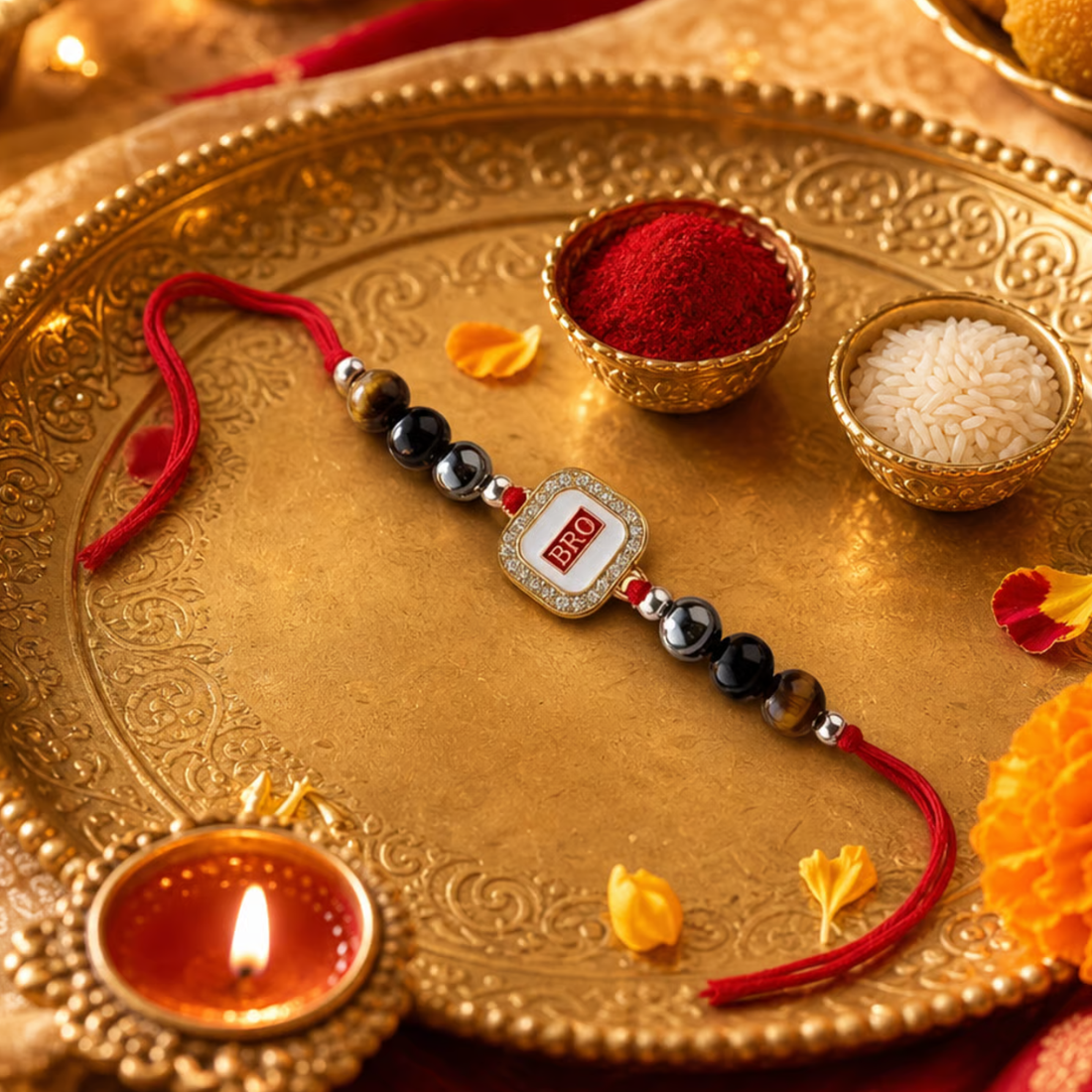 Bro Rakhi | Premium Bead Rakhi with Tiger Eye Hematite & Black Obsidian Stones | Handmade Raksha Bandhan Rakhi for Brother | Symbol of Protection Confidence & Positivity
