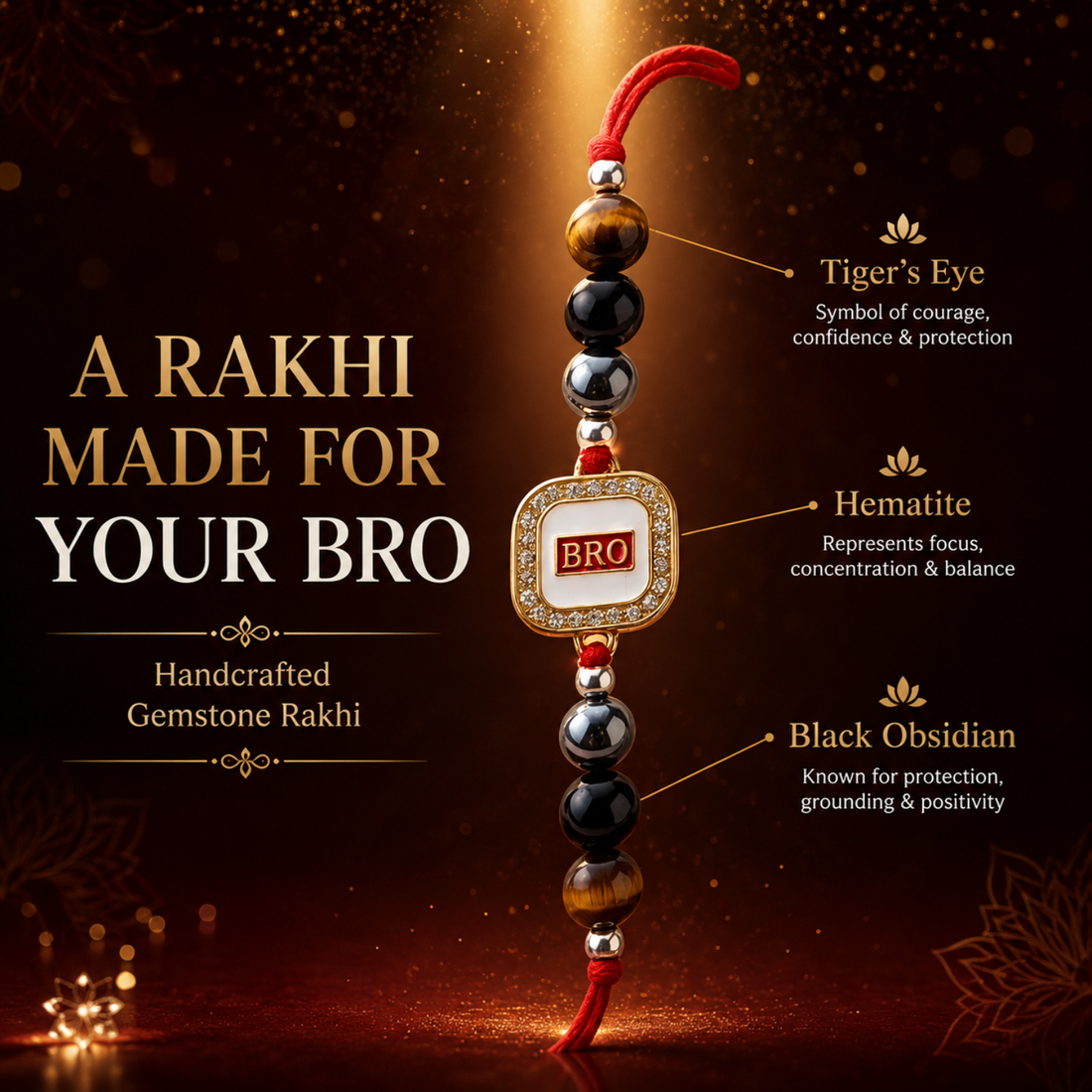 Bro Rakhi | Premium Bead Rakhi with Tiger Eye Hematite & Black Obsidian Stones | Handmade Raksha Bandhan Rakhi for Brother | Symbol of Protection Confidence & Positivity