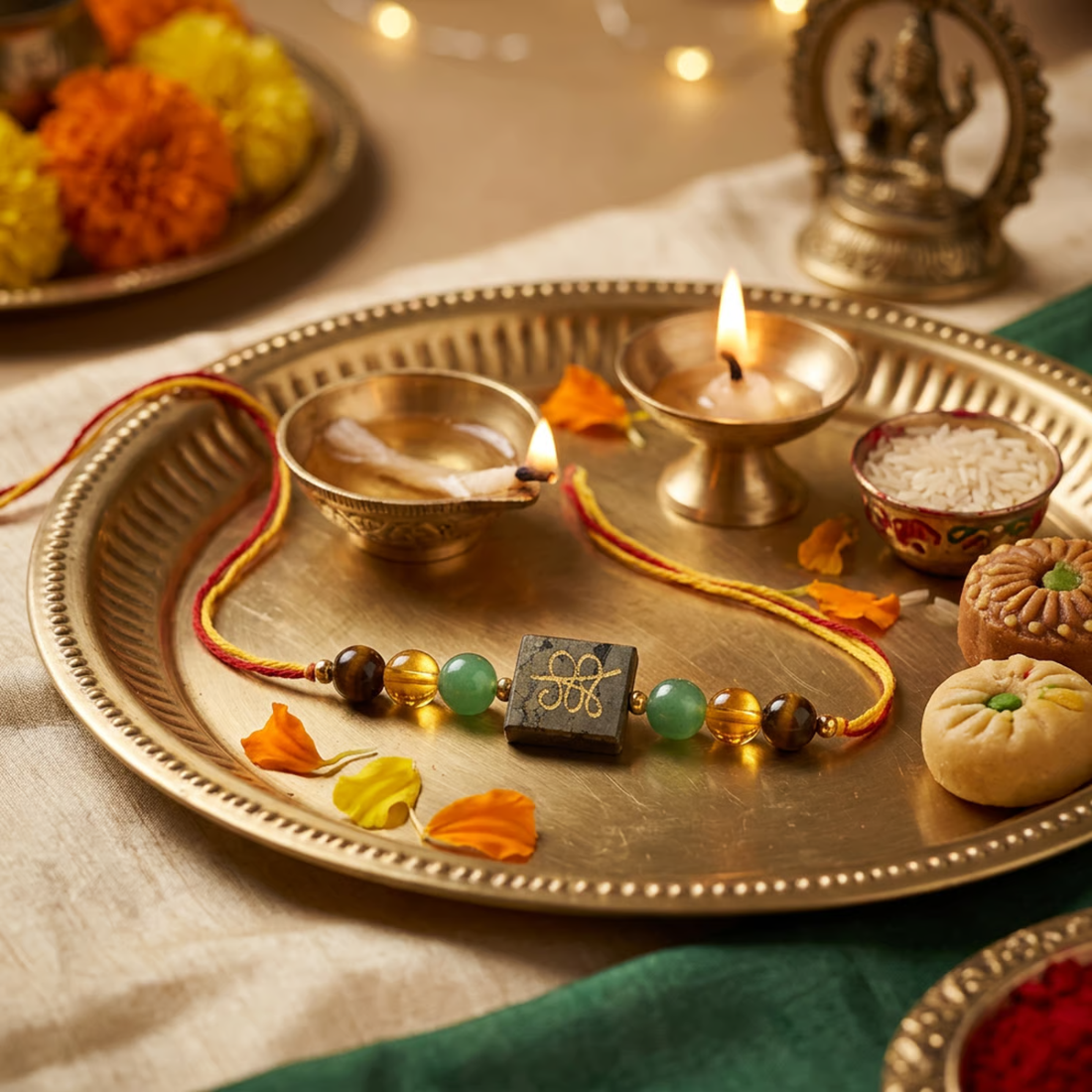 Money Magnet Rakhi | Handmade Raksha Bandhan Rakhi with Citrine Green Aventurine Pyrite & Tiger Eye Beads