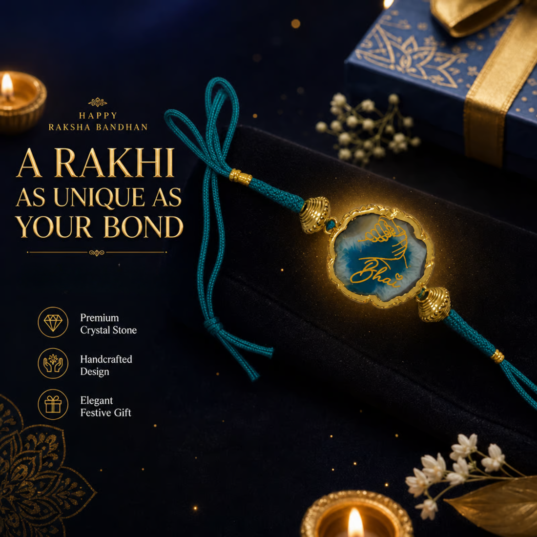 Natural Stone Handcrafted Raksha Bandhan Rakhi | Premium Crystal Rakhi Bracelet for Brother | Elegant Festive Thread