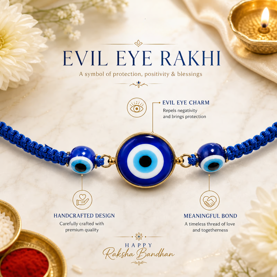 Evil Eye Rakhi | Handmade Raksha Bandhan Rakhi with Blue Evil Eye Charm | Symbol of Protection Good Luck Positivity & Harmony for Brother