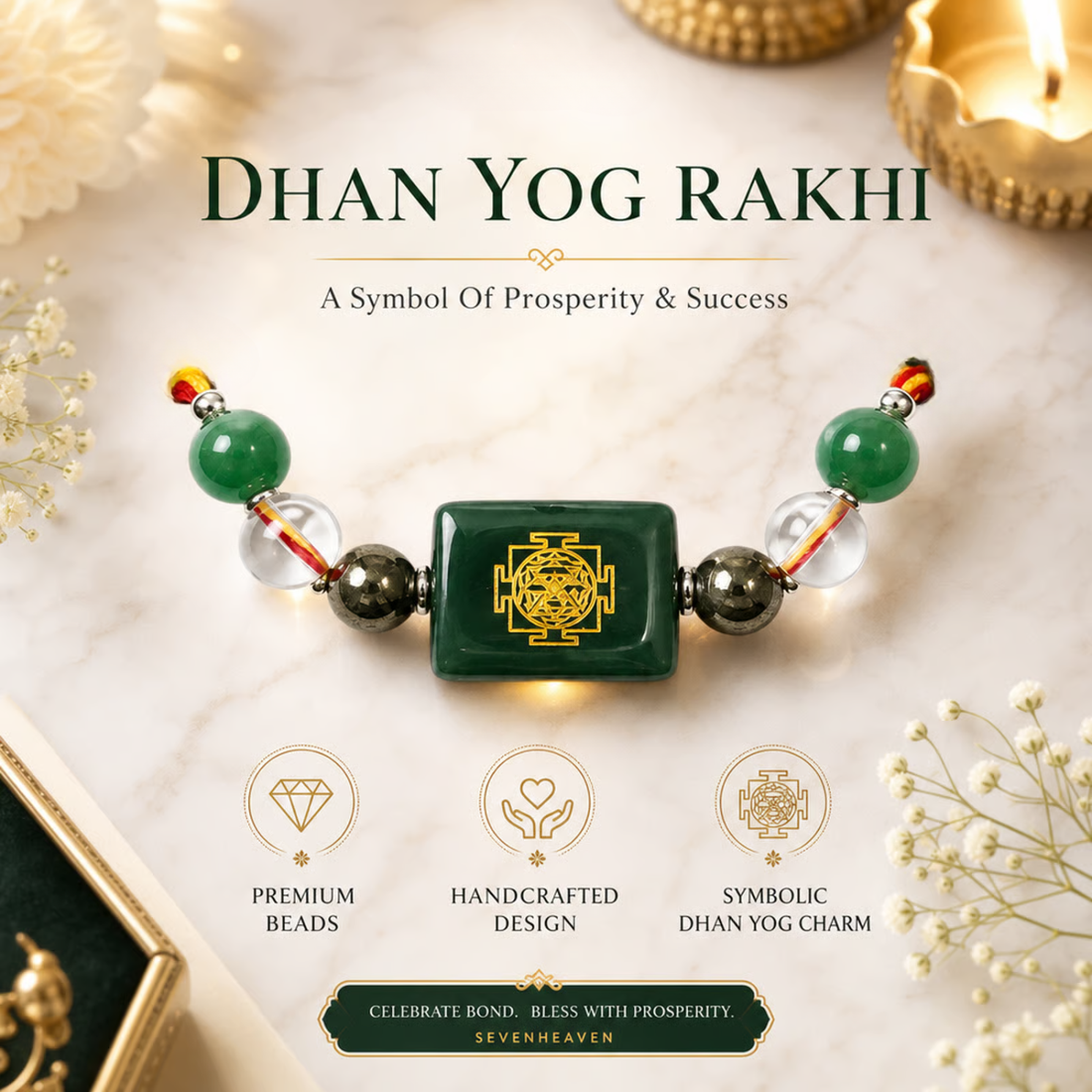 Dhan Yog Rakhi | Handmade Raksha Bandhan Rakhi with Premium Beads & Dhan Yog Charm | Symbol of Wealth Prosperity Success & Positive Energy