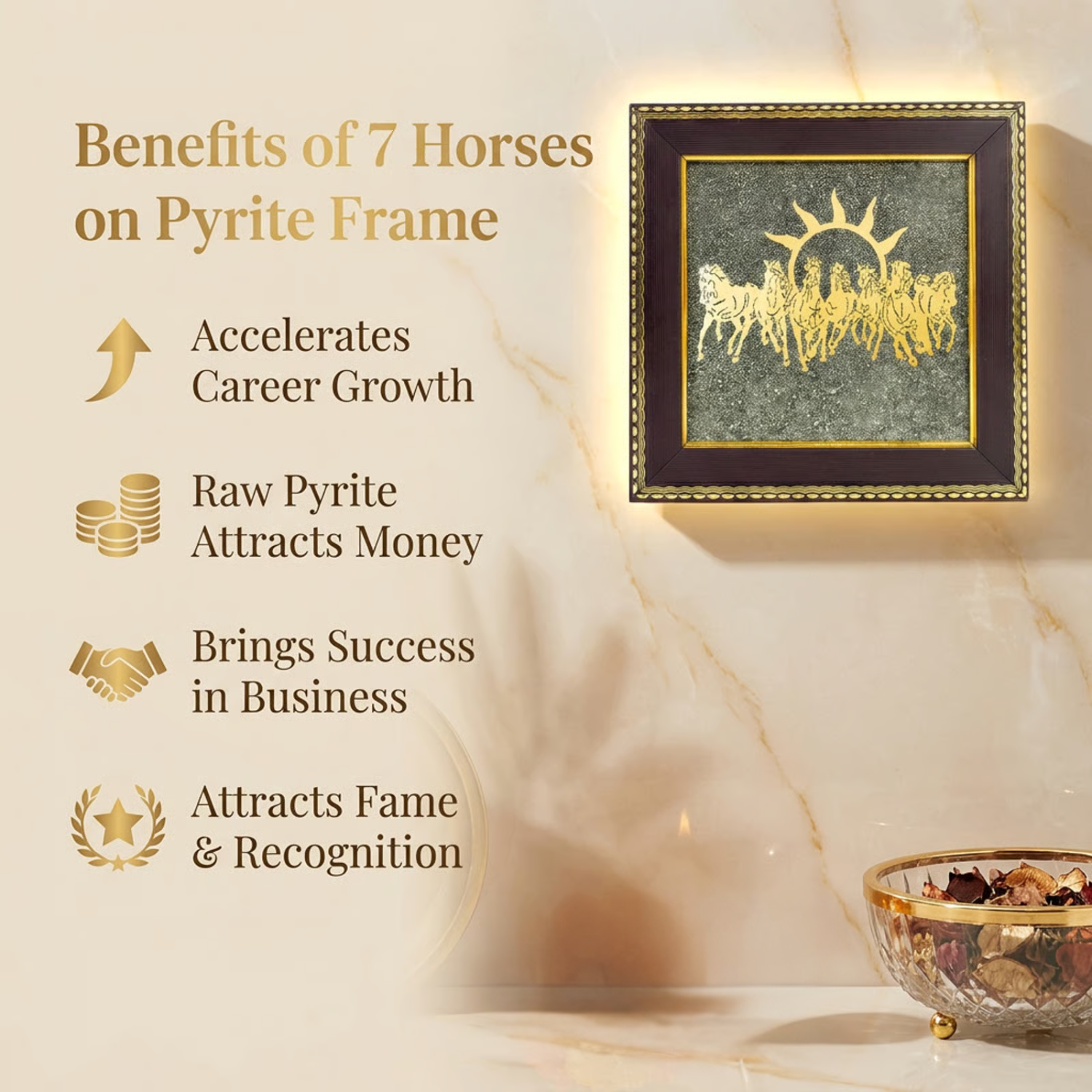 7 Horses on Raw Pyrite Frame | 7 Inches | Prosperity Décor