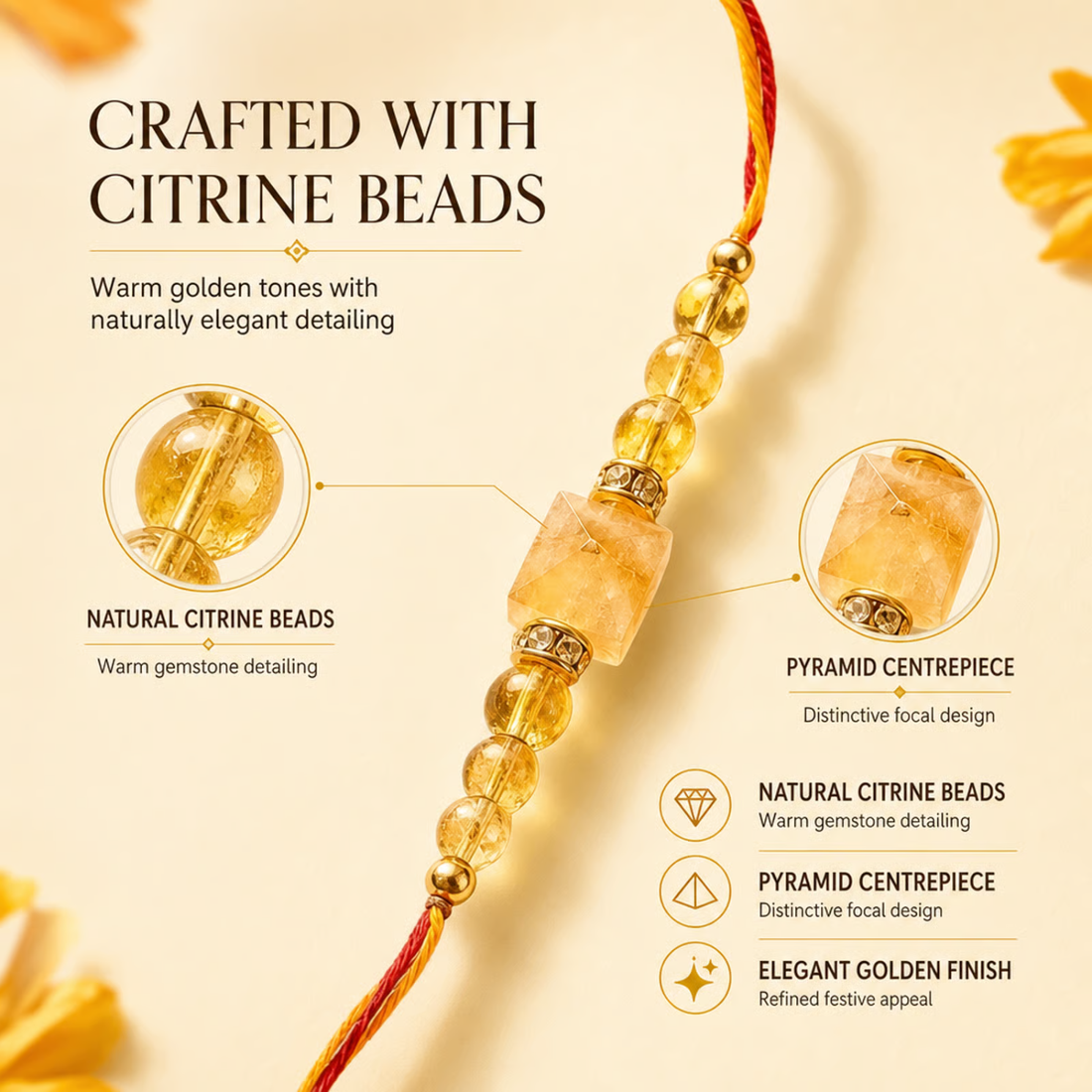 Pyramid Citrine Rakhi | Handmade Raksha Bandhan Rakhi with Natural Citrine Beads & Pyramid Centerpiece | Symbol of Success Happiness & Positivity for Brother