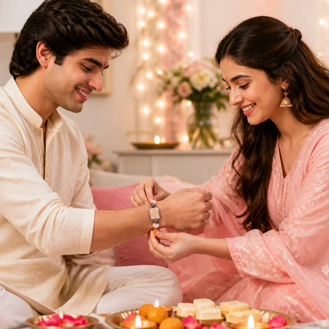 Love & Harmony Rakhi | Handmade Raksha Bandhan Rakhi with Rose Quartz Beads | Symbol of Love Compassion Emotional Balance & Positive Relationships