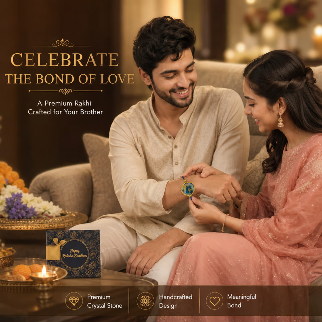 Natural Stone Handcrafted Raksha Bandhan Rakhi | Premium Crystal Rakhi Bracelet for Brother | Elegant Festive Thread