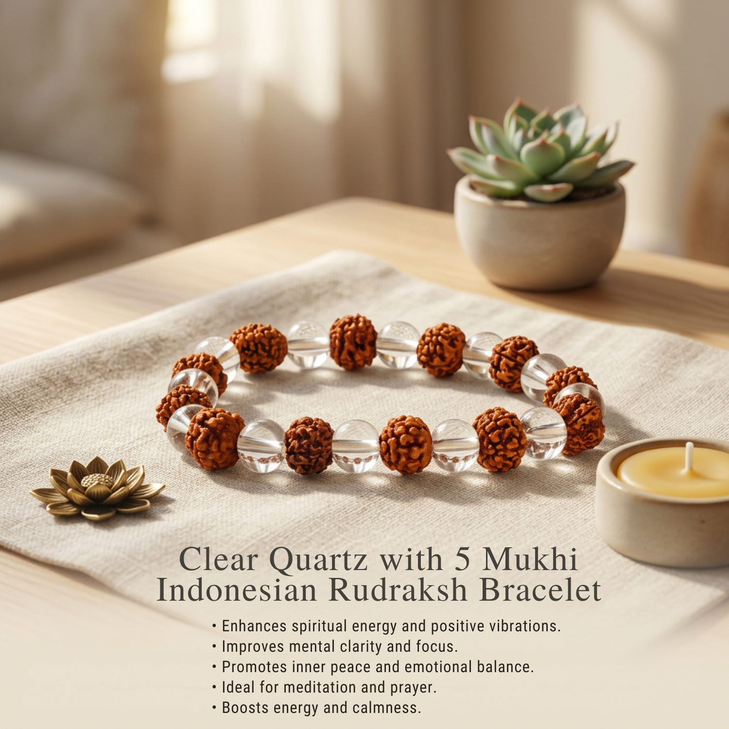Clear Quartz with 5 Mukhi Indonesian Rudraksh Bracelet