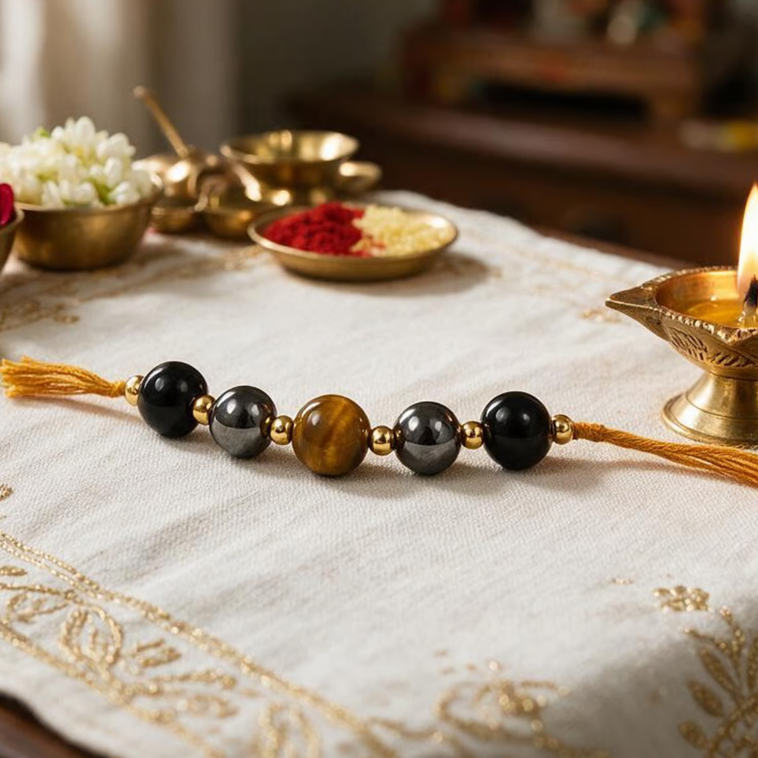 Triple Protection Rakhi | Handmade Raksha Bandhan Rakhi with Hematite Tiger Eye & Obsidian Beads | Symbol of Protection Grounding Confidence & Positivity