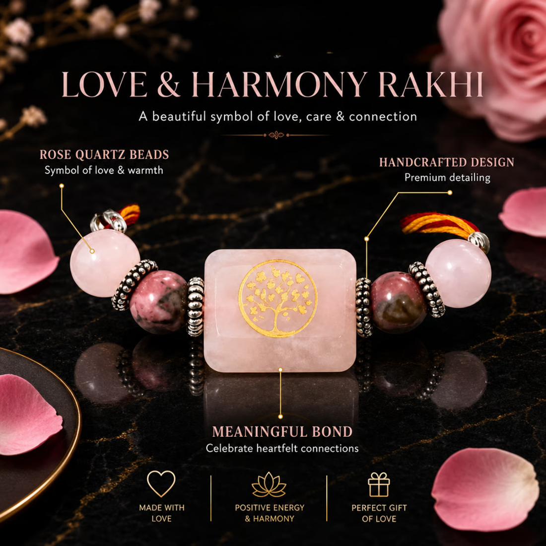 Love & Harmony Rakhi | Handmade Raksha Bandhan Rakhi with Rose Quartz Beads | Symbol of Love Compassion Emotional Balance & Positive Relationships