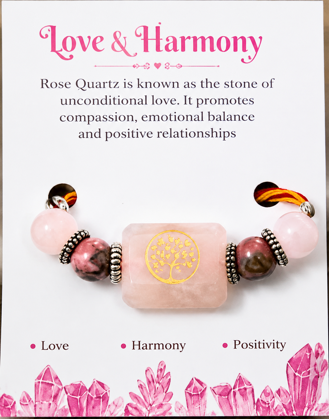 Love & Harmony Rakhi | Handmade Raksha Bandhan Rakhi with Rose Quartz Beads | Symbol of Love Compassion Emotional Balance & Positive Relationships