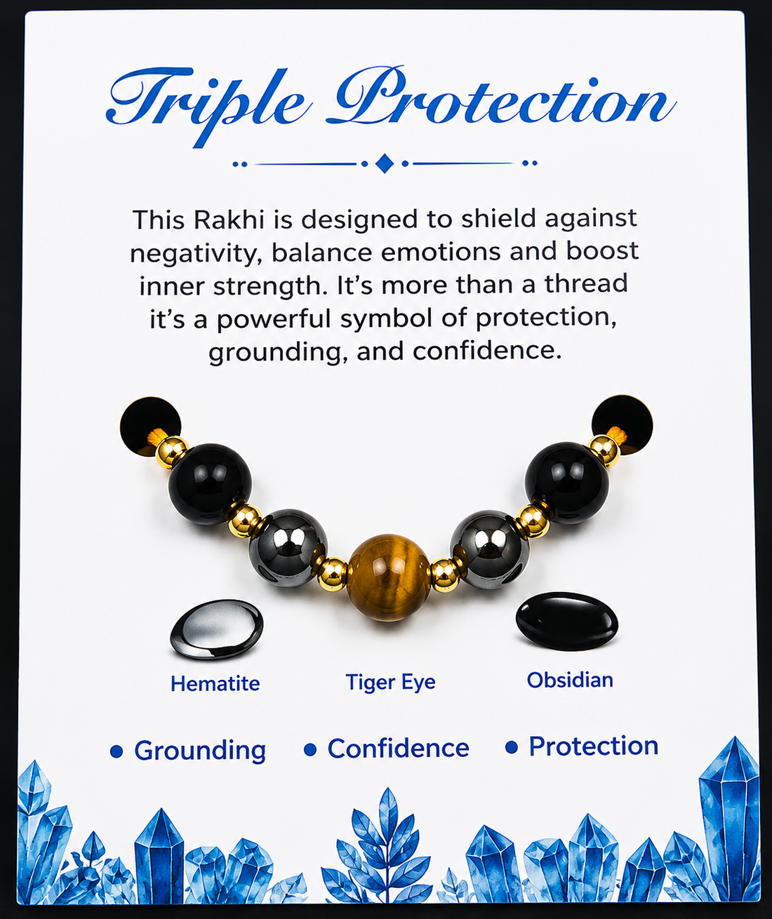 Triple Protection Rakhi | Handmade Raksha Bandhan Rakhi with Hematite Tiger Eye & Obsidian Beads | Symbol of Protection Grounding Confidence & Positivity
