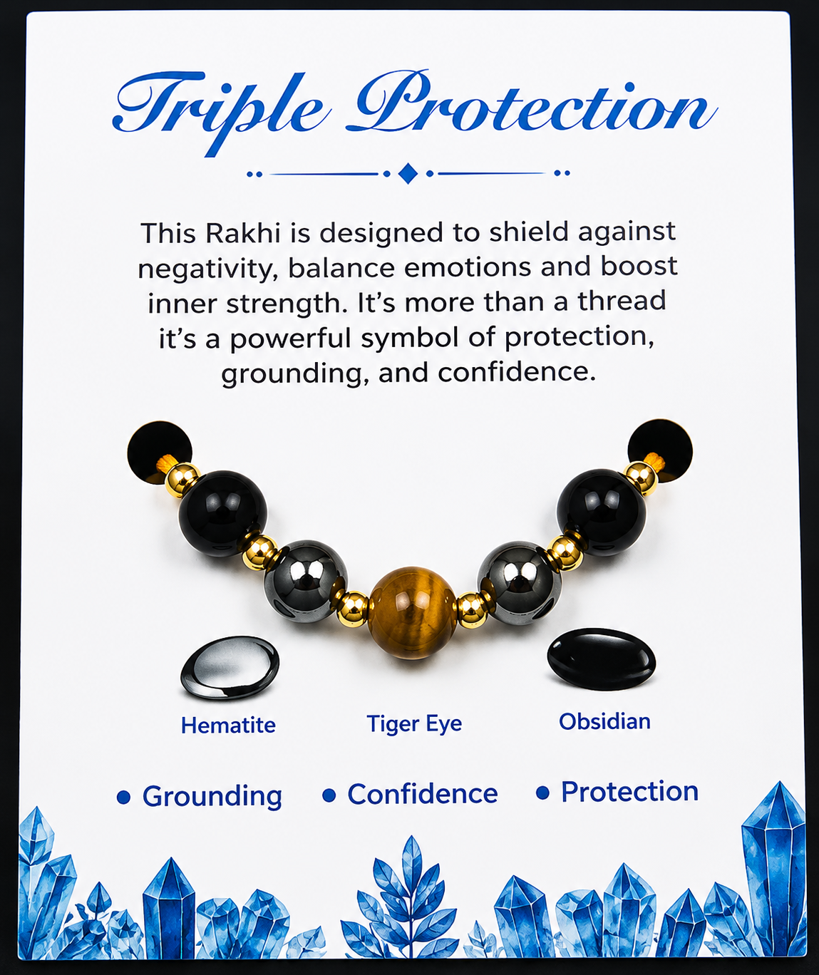 Triple Protection Rakhi | Handmade Raksha Bandhan Rakhi with Hematite Tiger Eye & Obsidian Beads | Symbol of Protection Grounding Confidence & Positivity