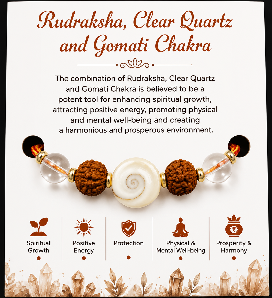 Rudraksha Clear Quartz Gomati Chakra Rakhi | Handmade Raksha Bandhan Rakhi with Spiritual Beads | Symbol of Growth Positive Energy Protection & Prosperity