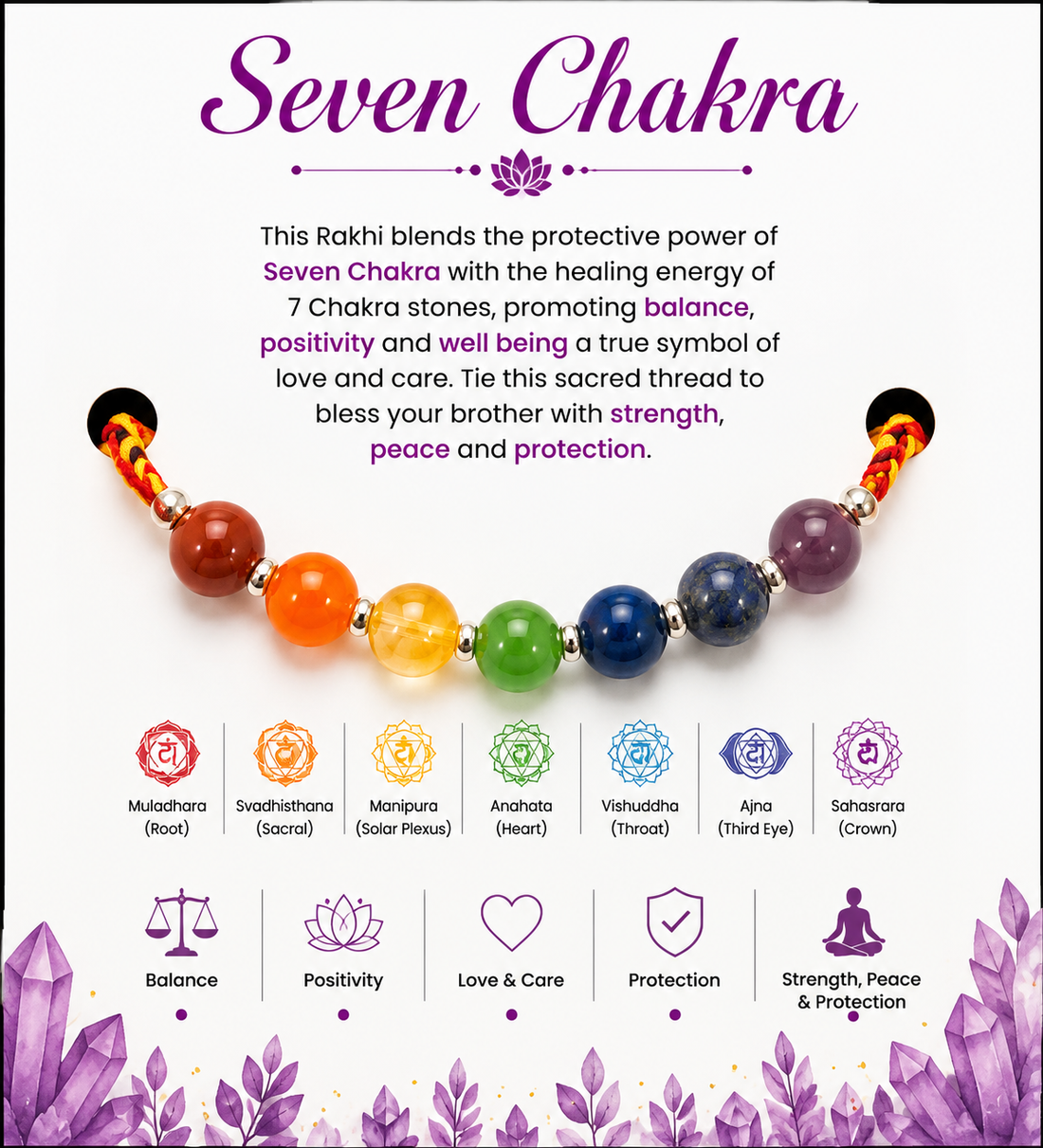Seven Chakra Rakhi | Handmade Raksha Bandhan Rakhi with 7 Chakra Stones | Symbol of Balance Positivity Strength Peace & Protection for Brother