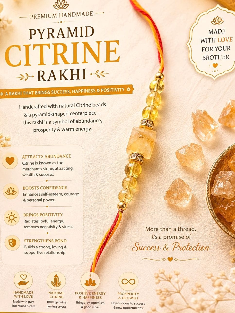 Pyramid Citrine Rakhi | Handmade Raksha Bandhan Rakhi with Natural Citrine Beads & Pyramid Centerpiece | Symbol of Success Happiness & Positivity for Brother