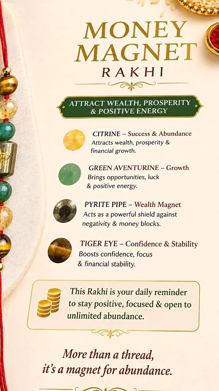Money Magnet Rakhi | Handmade Raksha Bandhan Rakhi with Citrine Green Aventurine Pyrite & Tiger Eye Beads