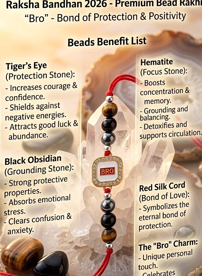Bro Rakhi | Premium Bead Rakhi with Tiger Eye Hematite & Black Obsidian Stones | Handmade Raksha Bandhan Rakhi for Brother | Symbol of Protection Confidence & Positivity