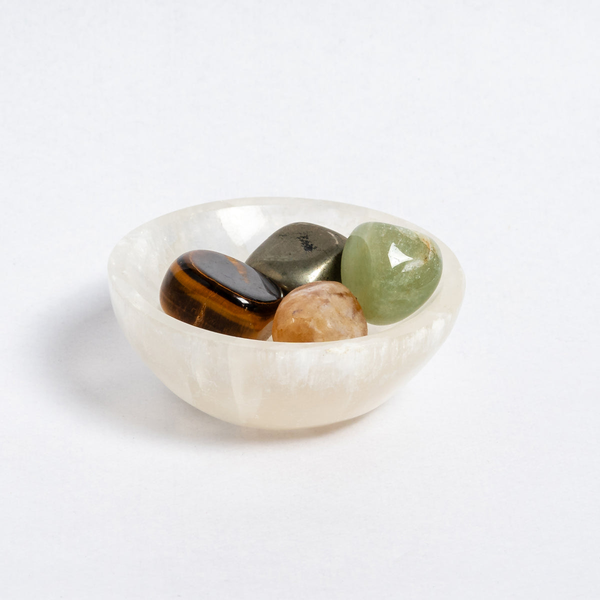 Selenite Money Bowl with Pyrite Citrine Green Aventurine & Tiger Eye Crystals | Wealth & Prosperity Crystal Decor